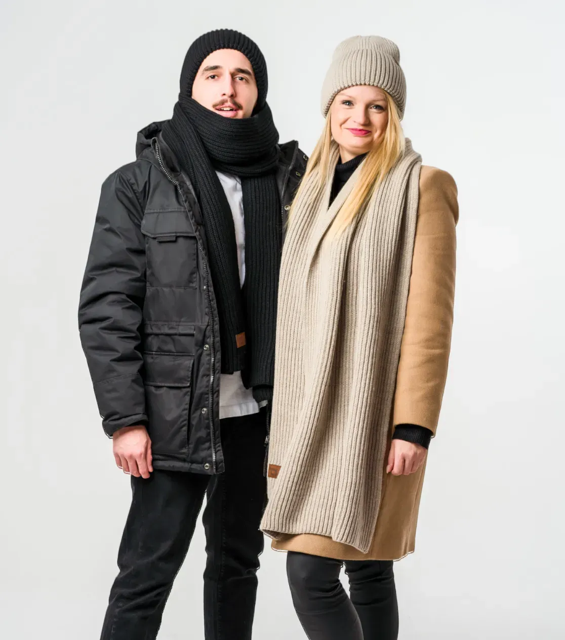 Winter Set: Merino Wool Beanie and Scarf - Thick Knit, Black