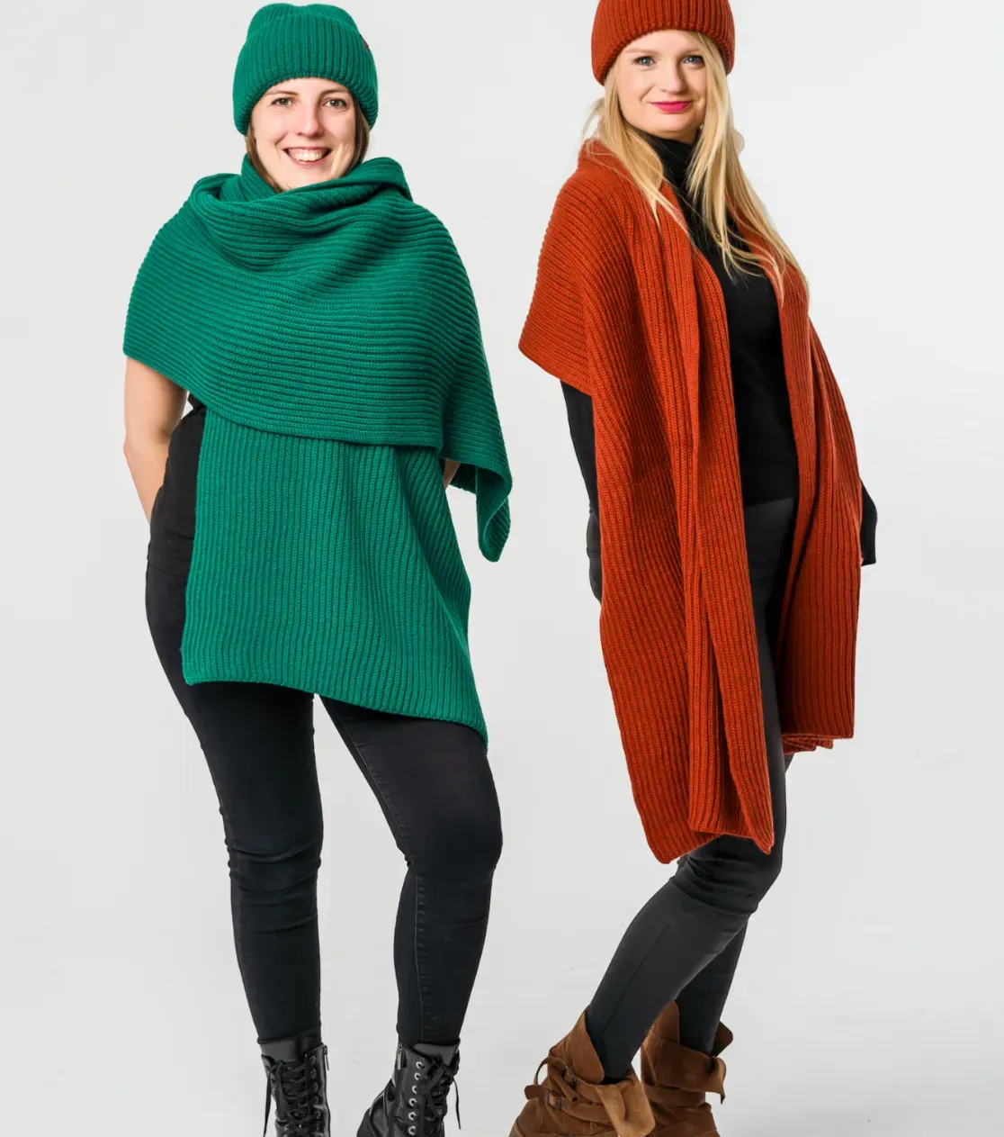 Winter Set: Merino Wool Beanie and Scarf - Thick Knit, Bottle Green and Nut Brown