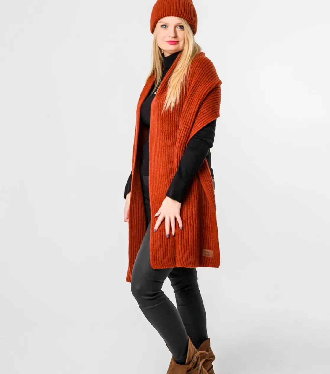 Set de invierno: Gorra y bufanda de lana merino - Tejido grueso, marrón nuez