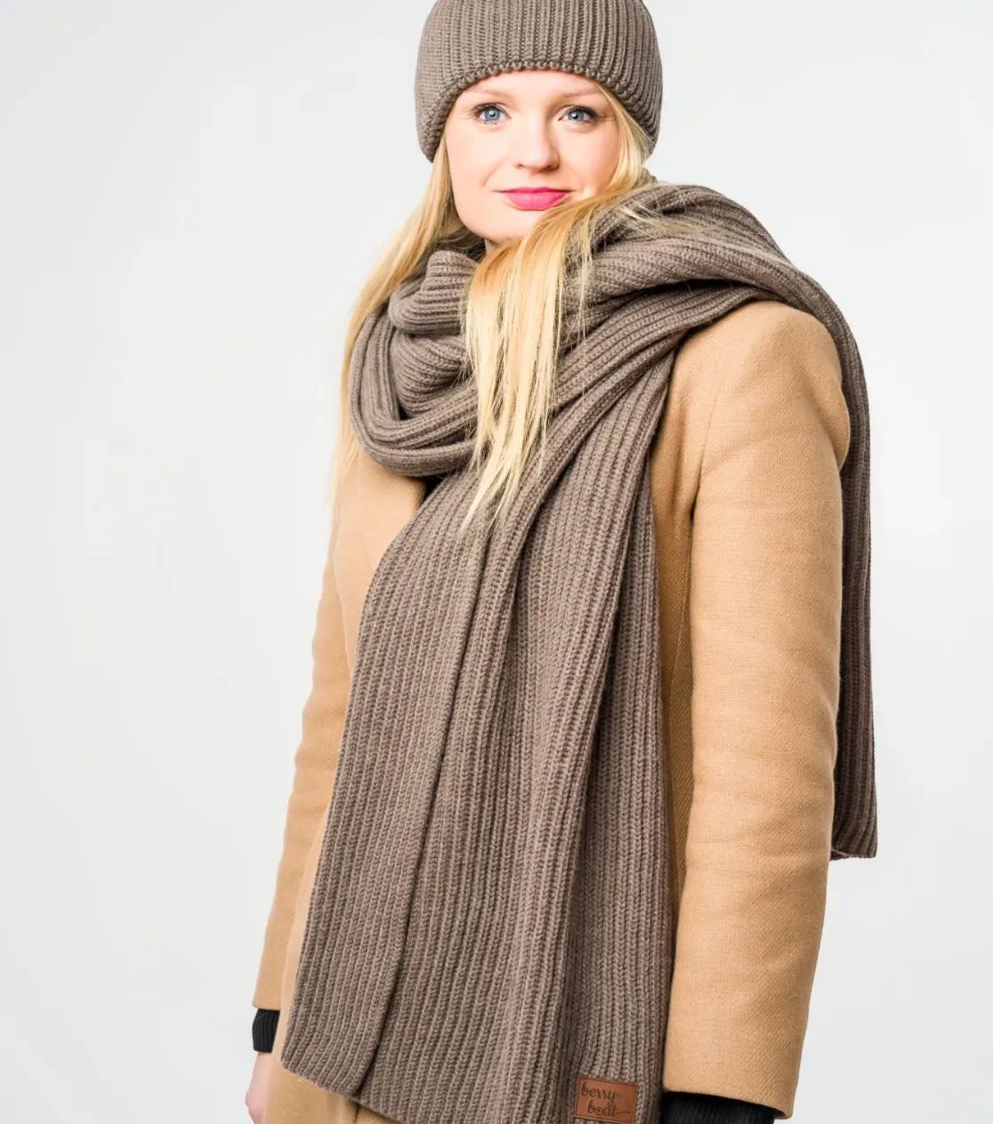 Set de invierno: Gorra y bufanda de lana merino - Tejido grueso, topo, beige y gris