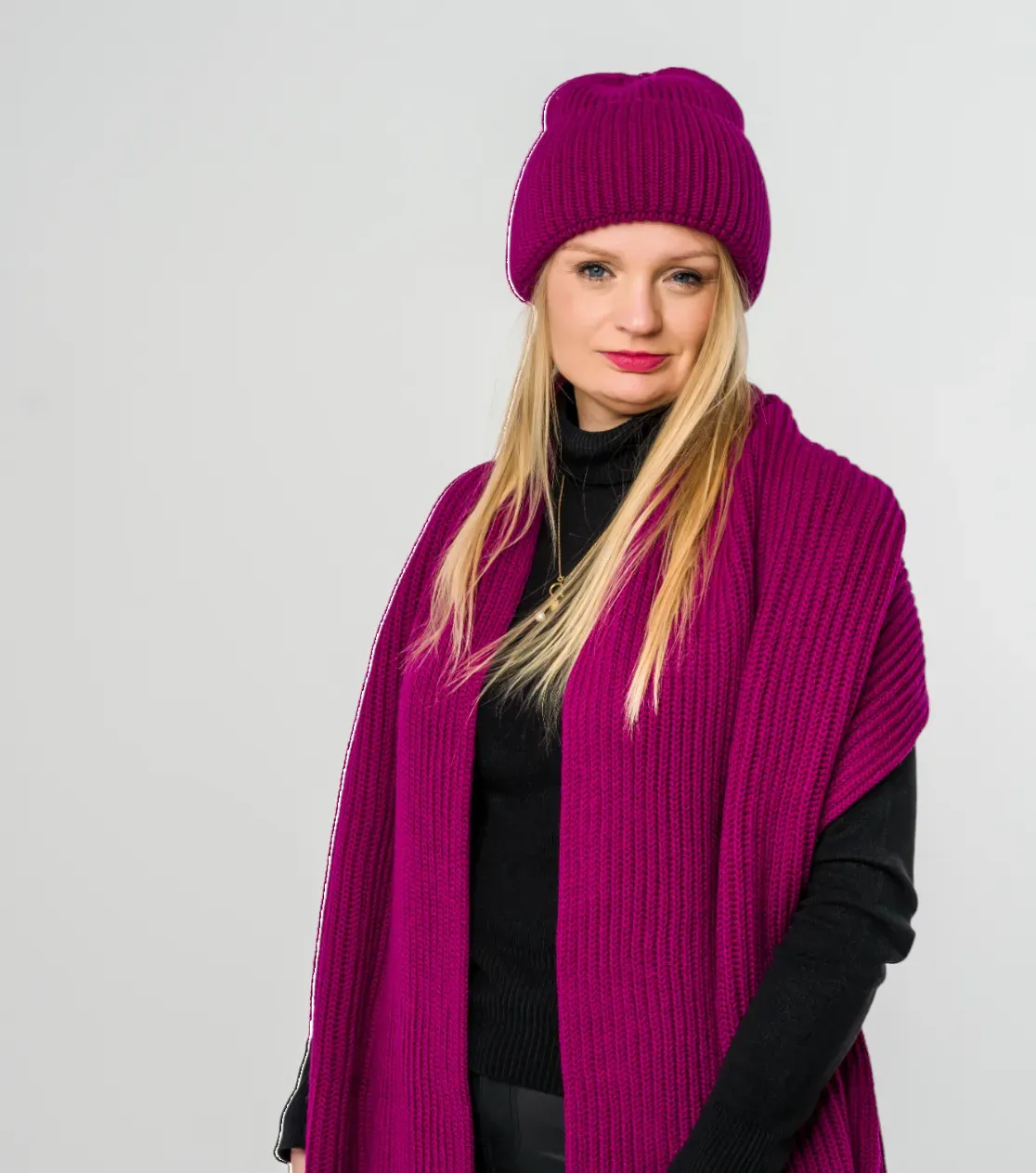 Winter Set: Merino Wool Beanie and Scarf - Thick Knit, Bishop Purple
