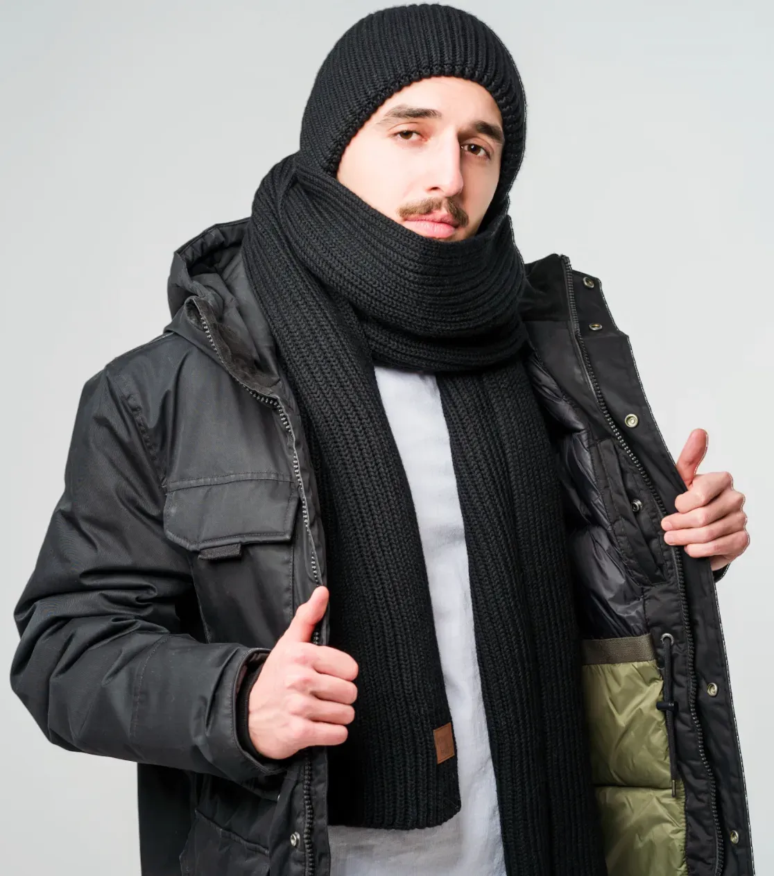 Winter Set: Merino Wool Beanie and Scarf - Thick Knit, Black