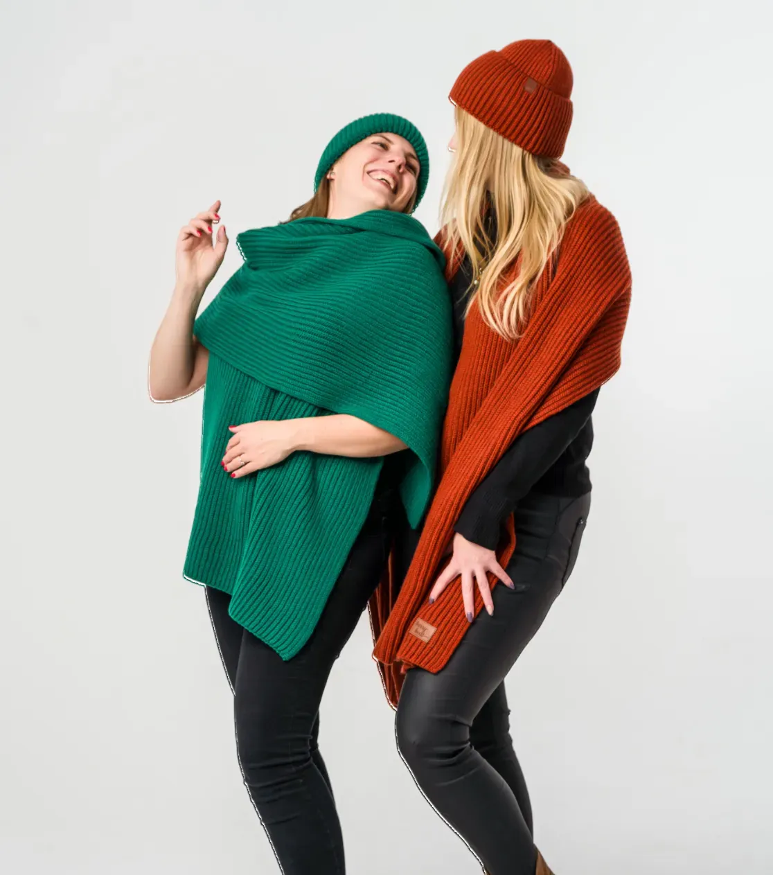 Winter Set: Merino Wool Beanie and Scarf - Thick Knit, Bottle Green and Nut Brown