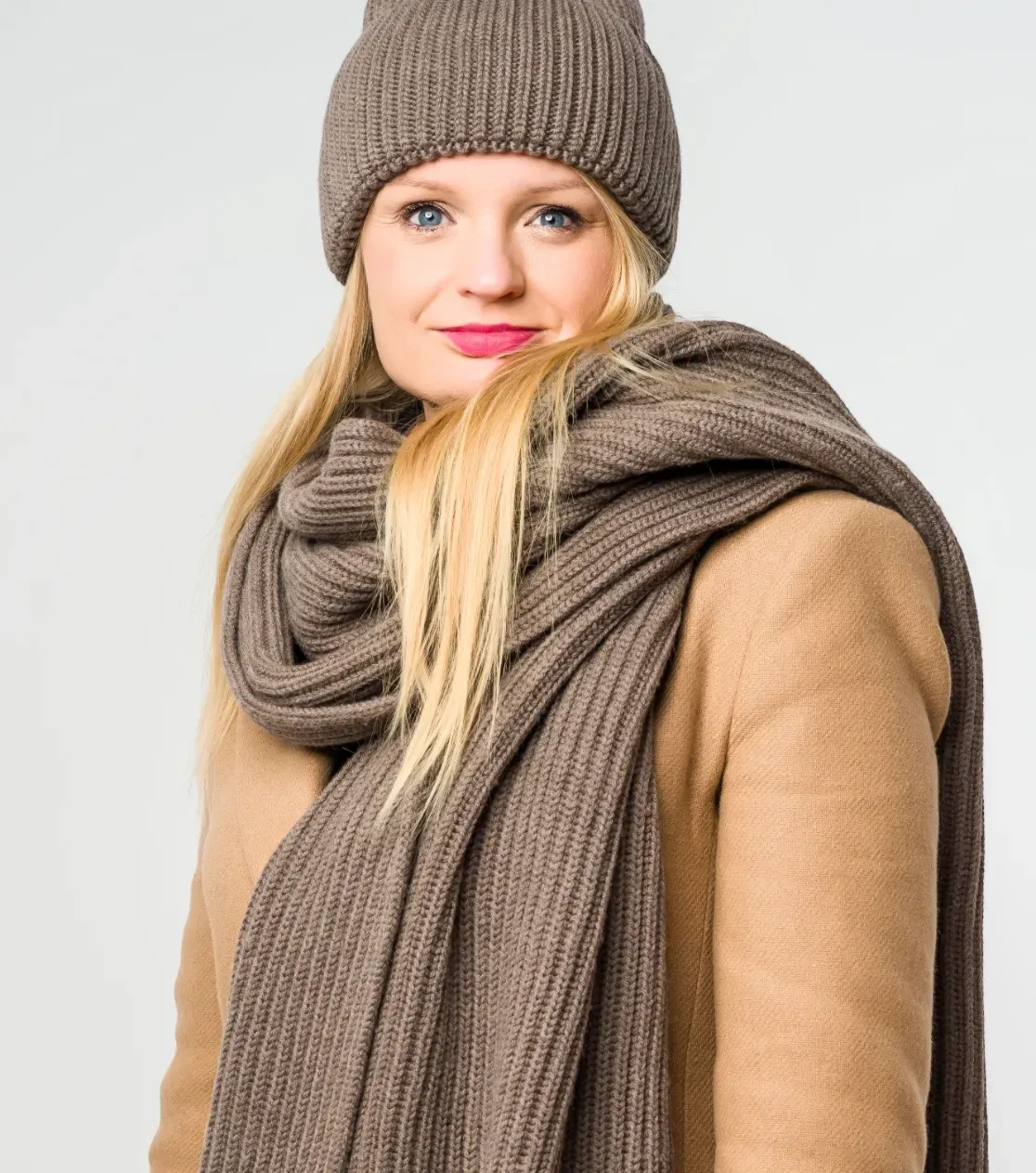 Winter Set: Merino Wool Beanie and Scarf - Thick Knit, Taupe Beige Gray