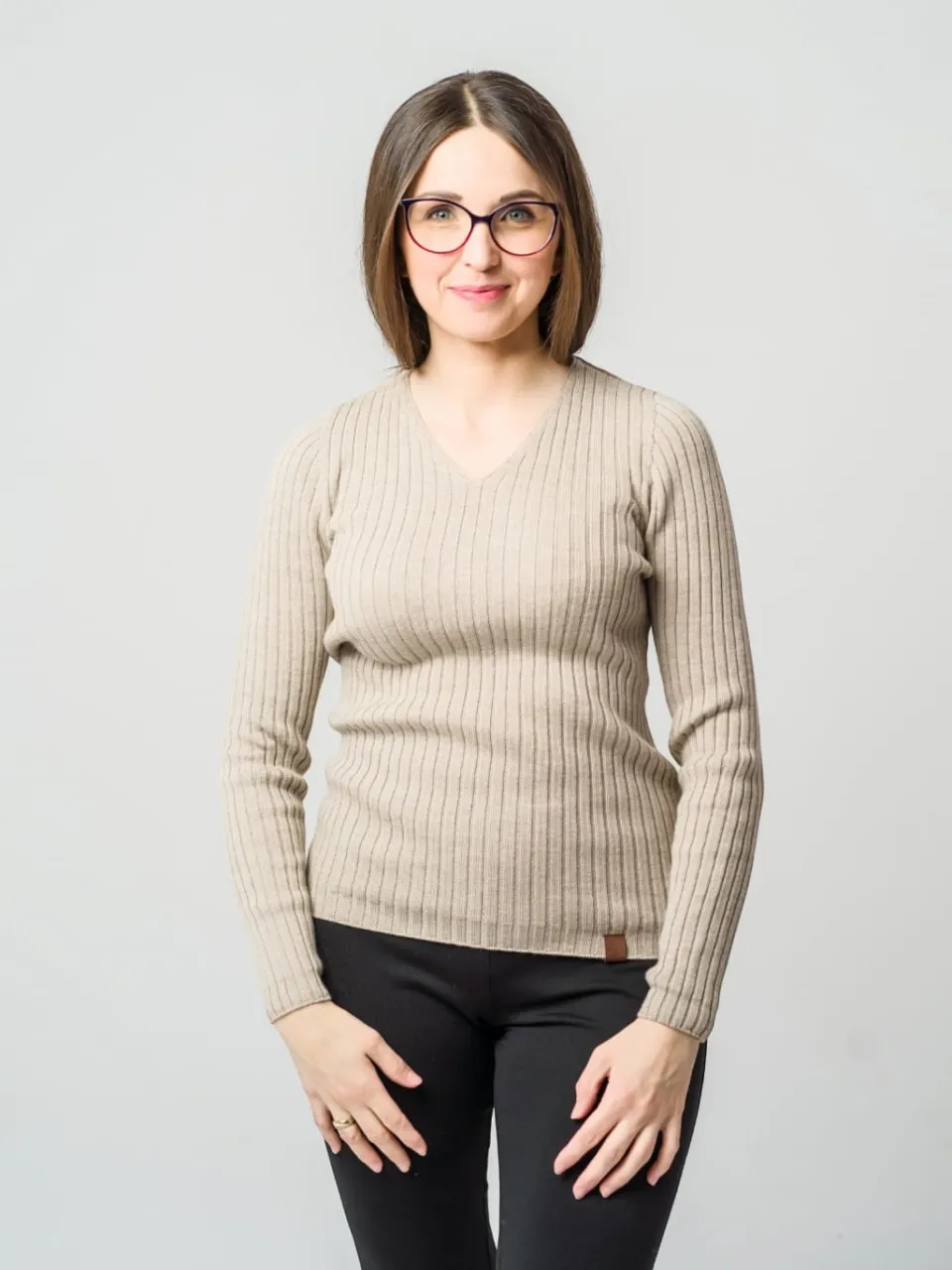 Top de punto de manga larga 100% lana merino beige