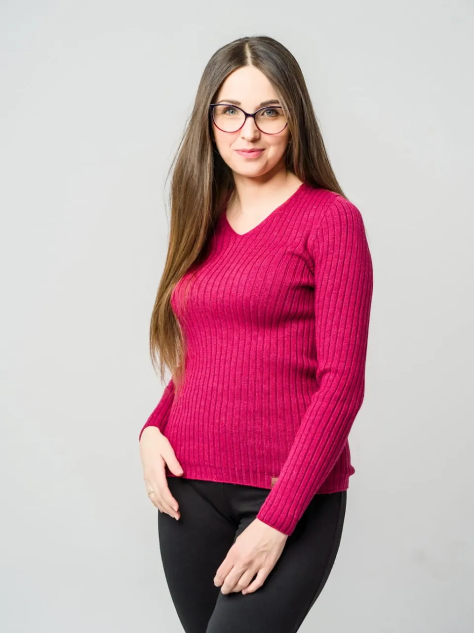 Top de punto de manga larga 100% lana merino rojo brillante