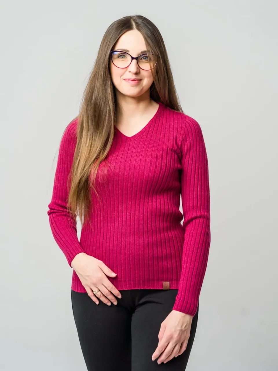 Top de punto de manga larga 100% lana merino rojo brillante
