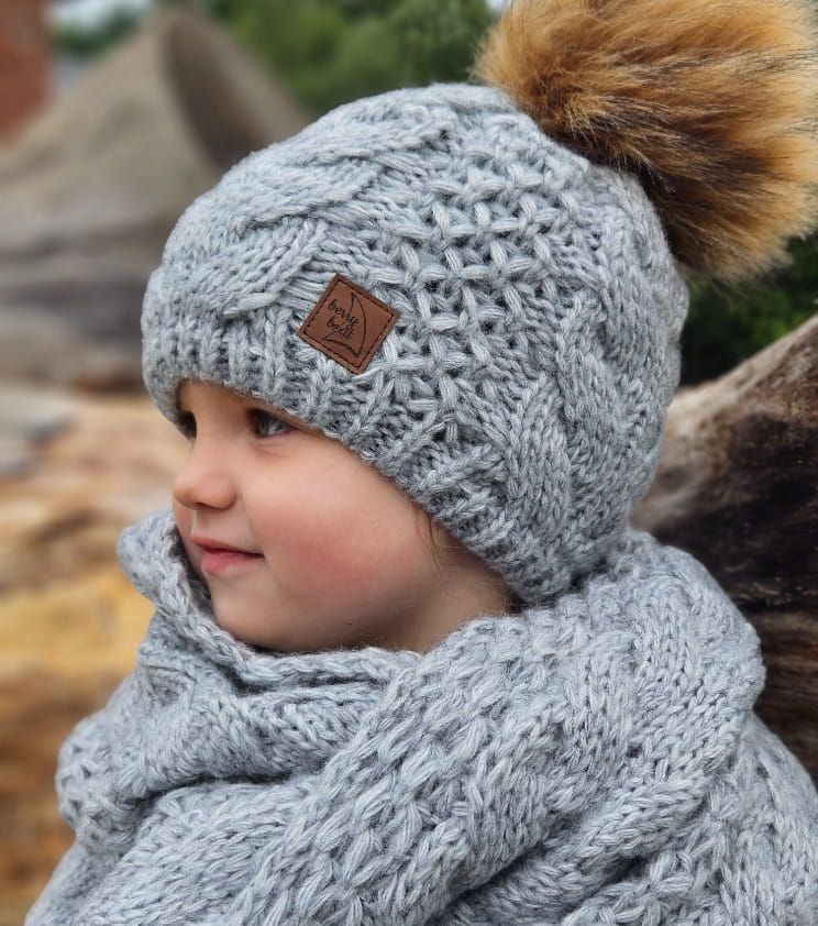 Beanie with Faux Fur Pompom and Braid, Wool and Alpaca, Gray Set