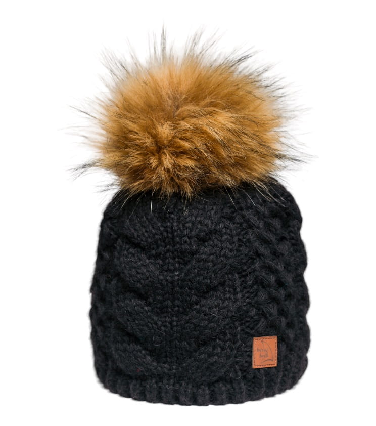 Gorro Negro con Pompon de Pelo Sintético y Trenza, Lana y Alpaca