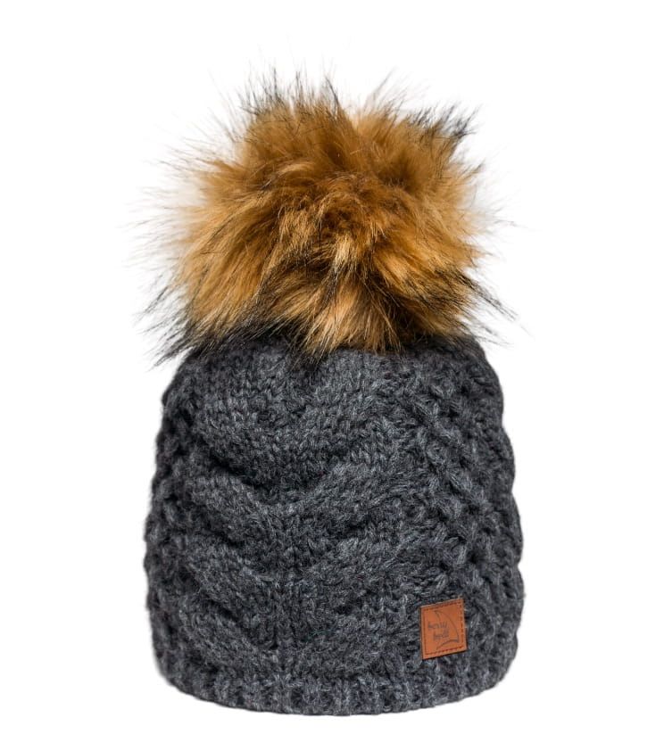 Anthracite Gray Beanie with Faux Fur Pompom and Braid, Wool and Alpaca