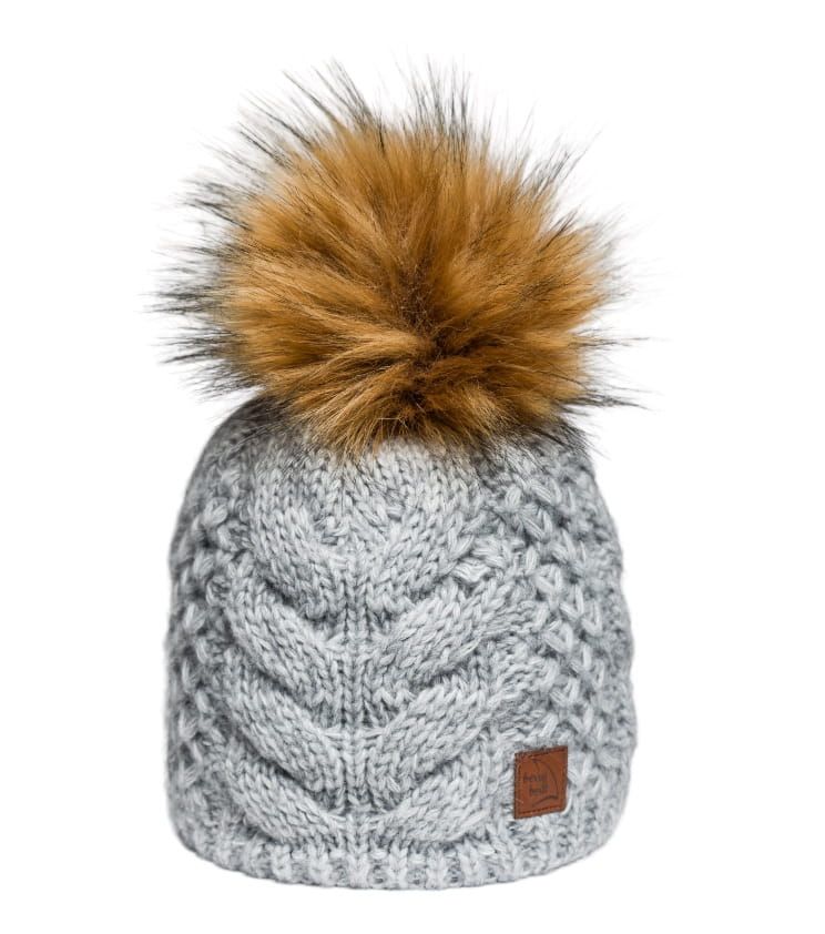 Gorro Gris con Pompon de Pelo Sintético y Trenza, Lana y Alpaca