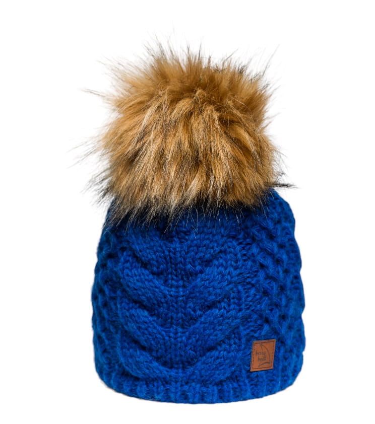 Gorro Azul Intenso con Pompon de Pelo Sintético y Trenza, Lana y Alpaca