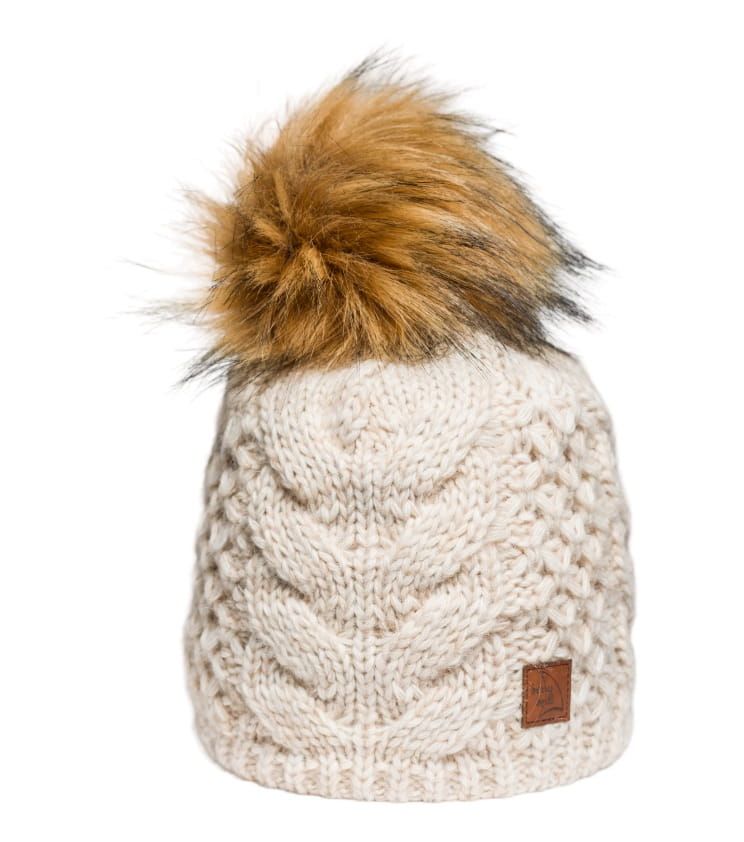 Beige Beanie with Faux Fur Pompom and Braid, Wool and Alpaca