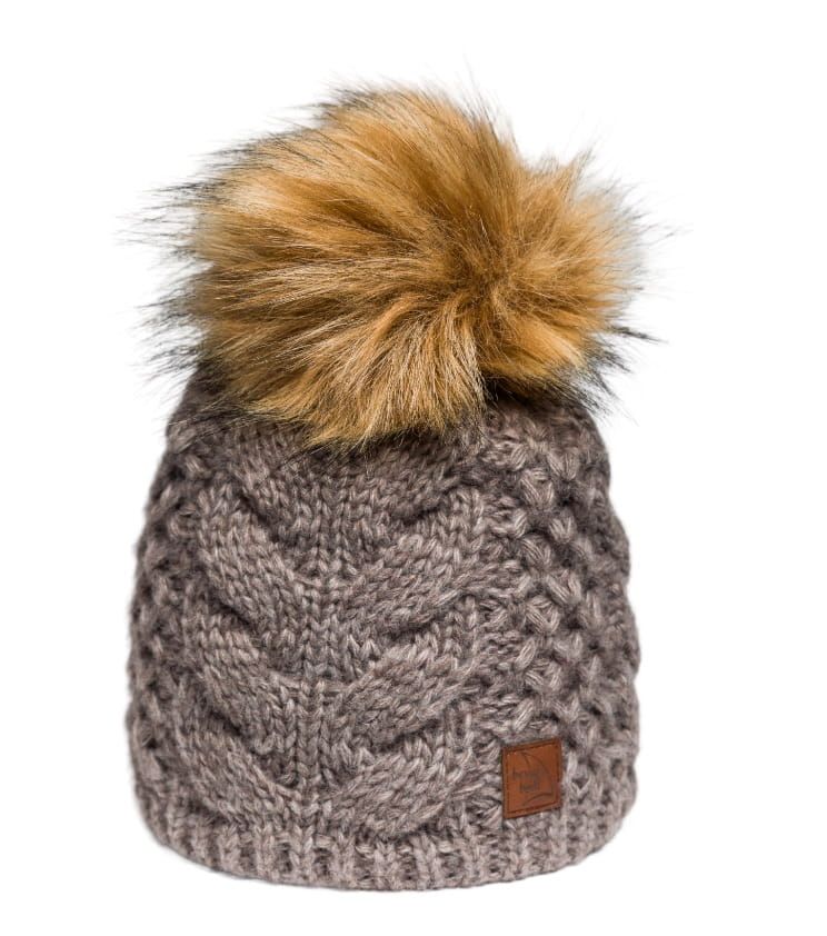 Gorro Taupe con Pompon de Pelo Sintético y Trenza, Lana y Alpaca
