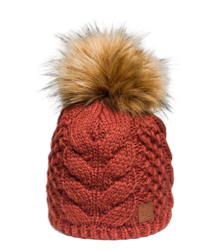 Dark Brown Walnut Beanie with Faux Fur Pompom and Braid, Wool and Alpaca