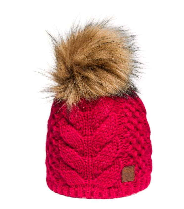 Dark Red Beanie with Faux Fur Pompom and Braid, Wool and Alpaca
