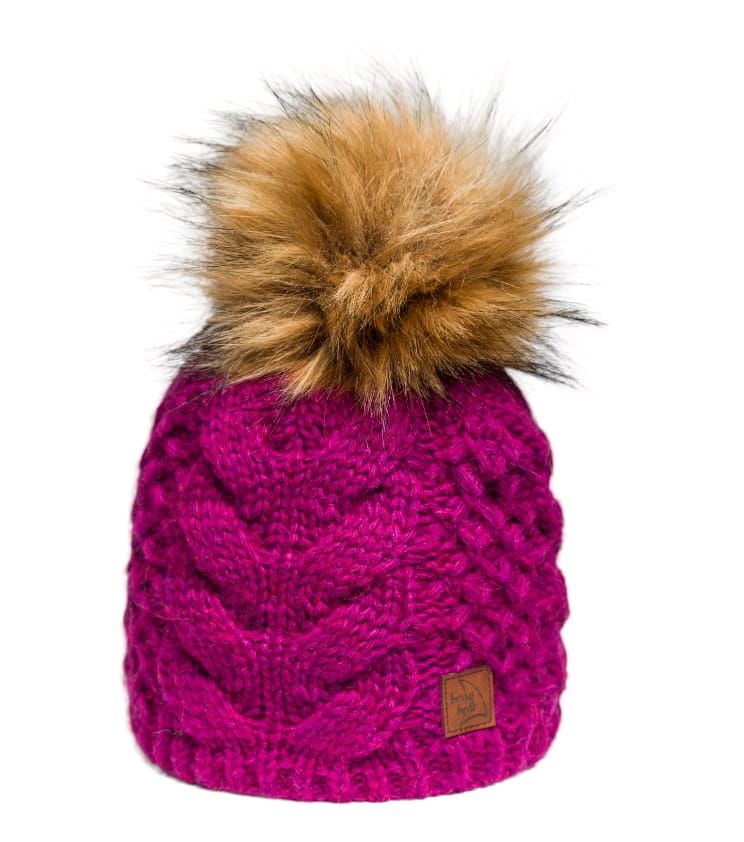 Fuchsienfarbene Mütze mit Bommel und Zopfmuster, Wolle und Alpaka
