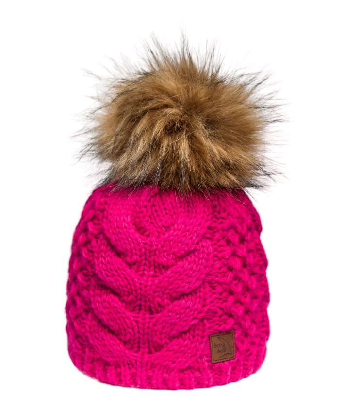 Gorro Rosa Fucsia con Pompon de Pelo Sintético y Trenza, Lana y Alpaca