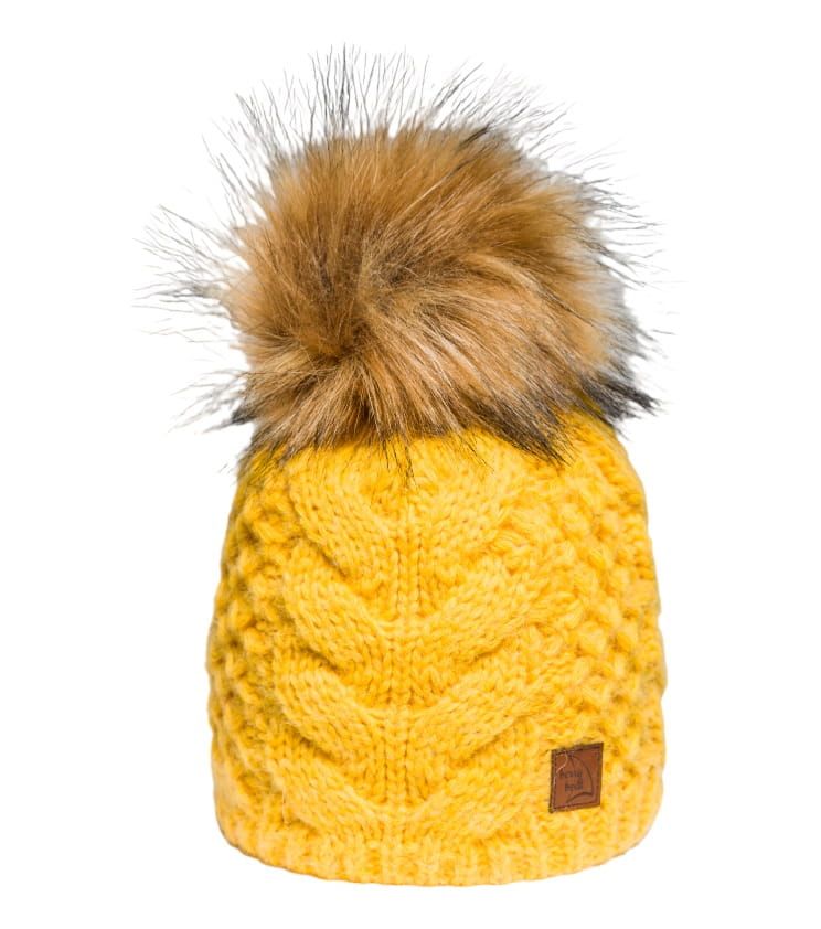 Sonnengelbe Mütze mit Bommel und Zopfmuster, Wolle und Alpaka