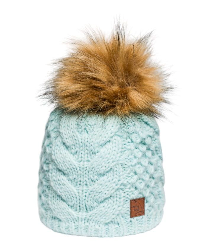 Delicate Blue Cyan Beanie with Faux Fur Pompom and Braid, Wool and Alpaca