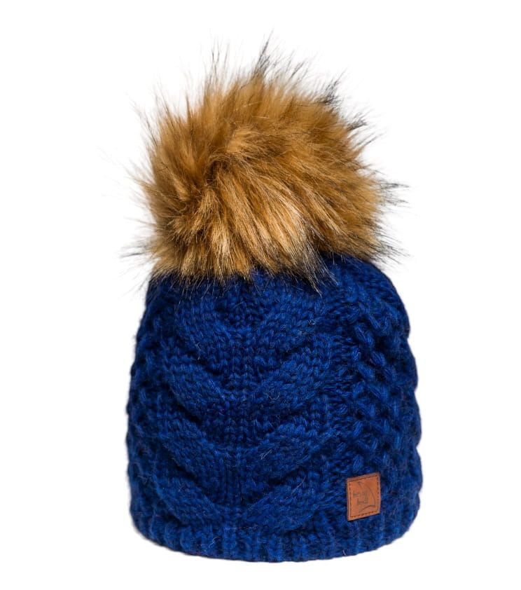 Navy Blue Beanie with Faux Fur Pompom and Braid, Wool and Alpaca