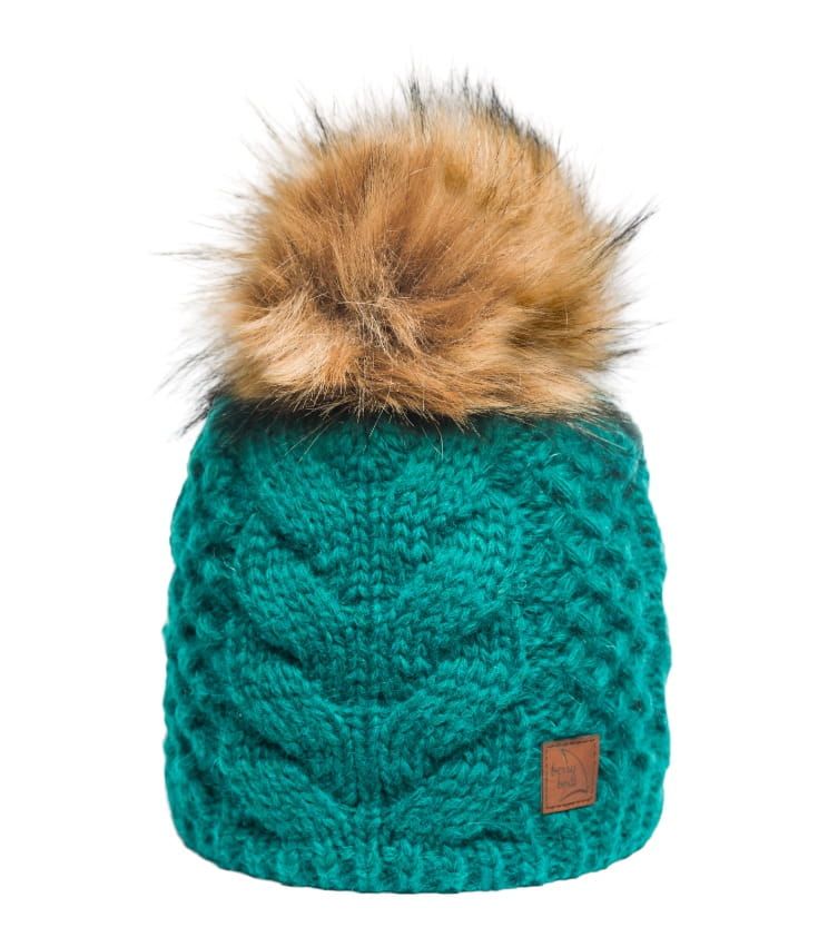 Flaschengrüne Mütze mit Bommel und Zopfmuster, Wolle und Alpaka