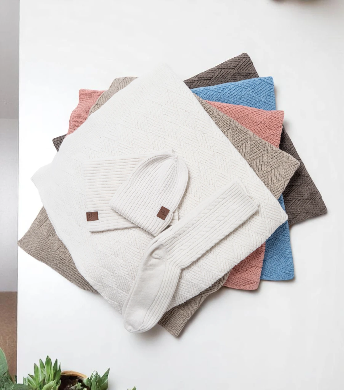 Merino-Woll-Set für Kinder – Decke, Mütze und Schlauchschal, Ecru