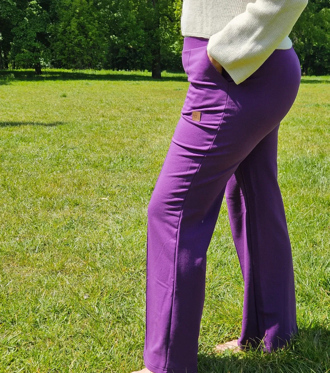 Pantalones deportivos morados para mujer con raya, elegantes, de tejido de punto polaco