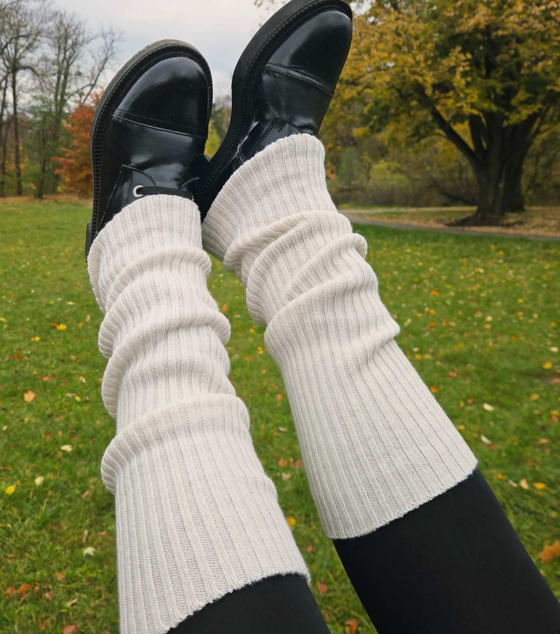 Ecru Cream Ribbed Merino Wool Leg Warmers by BerryBoat - Light Colored Leggings for Black Shoes
