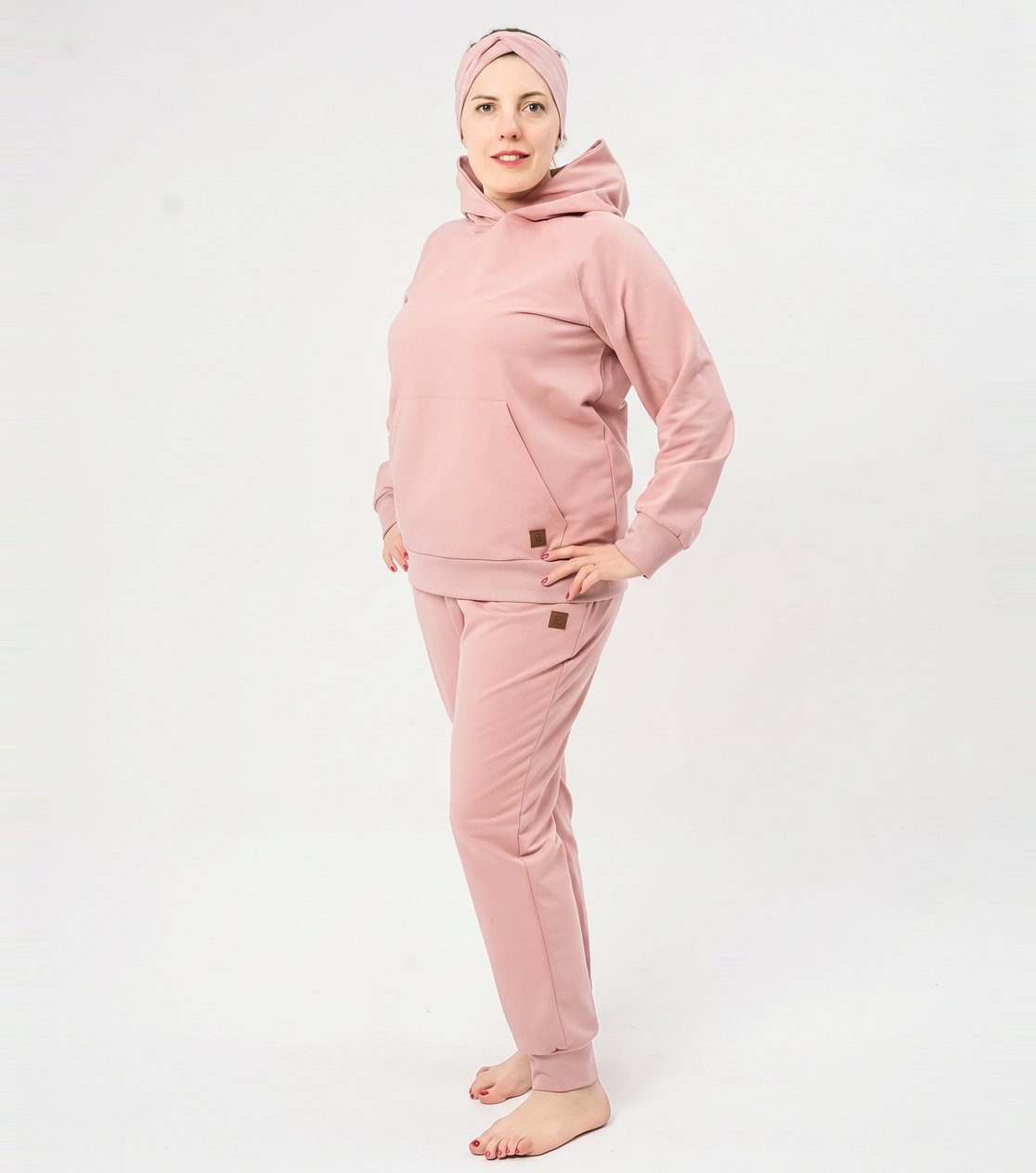 Bluza reglanowa z kapturem, unisex – lekka dzianina, pudrowy róż – zdjęcie 2