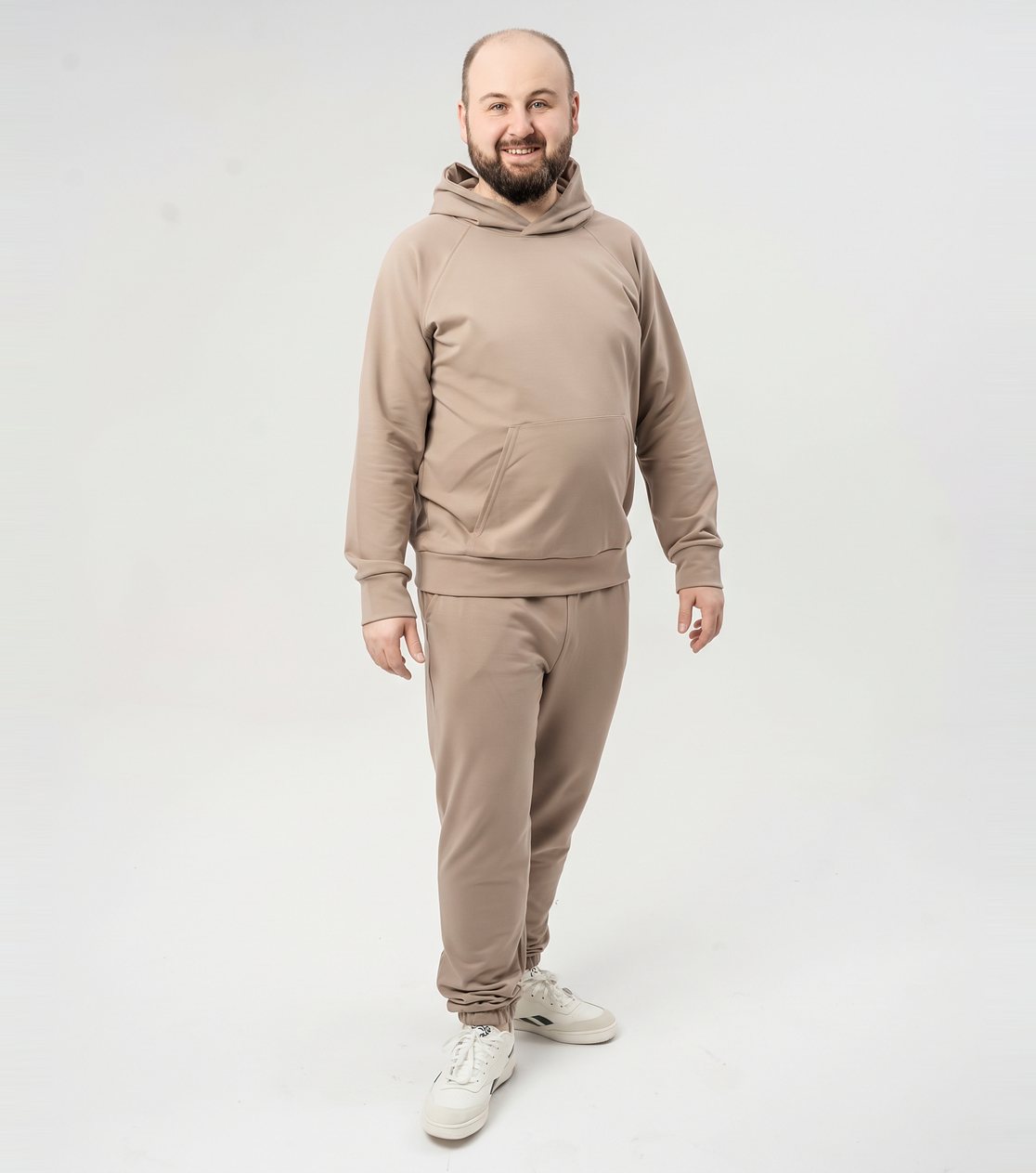 Bluza reglanowa z kapturem, unisex – lekka dzianina, kakao – zdjęcie 3