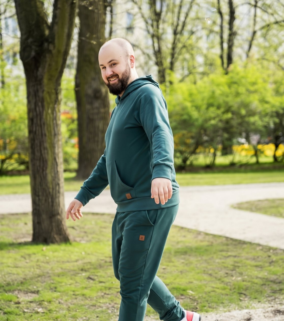 Bluza reglanowa z kapturem, unisex – lekka dzianina, butelkowa zieleń – zdjęcie 6