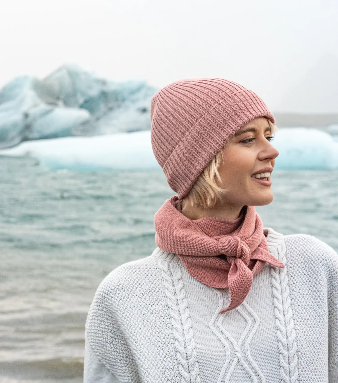 Powder pink merino wool neckerchief tied at the neck – BerryBoat, Iceland photo shoot