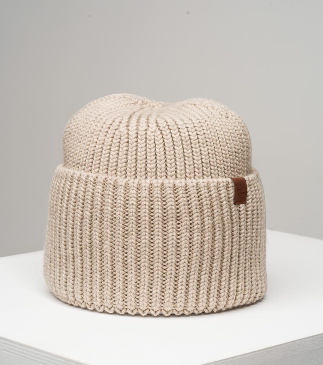 Close-Up of Thick Merino Wool Beanie with Wide Turn-Up