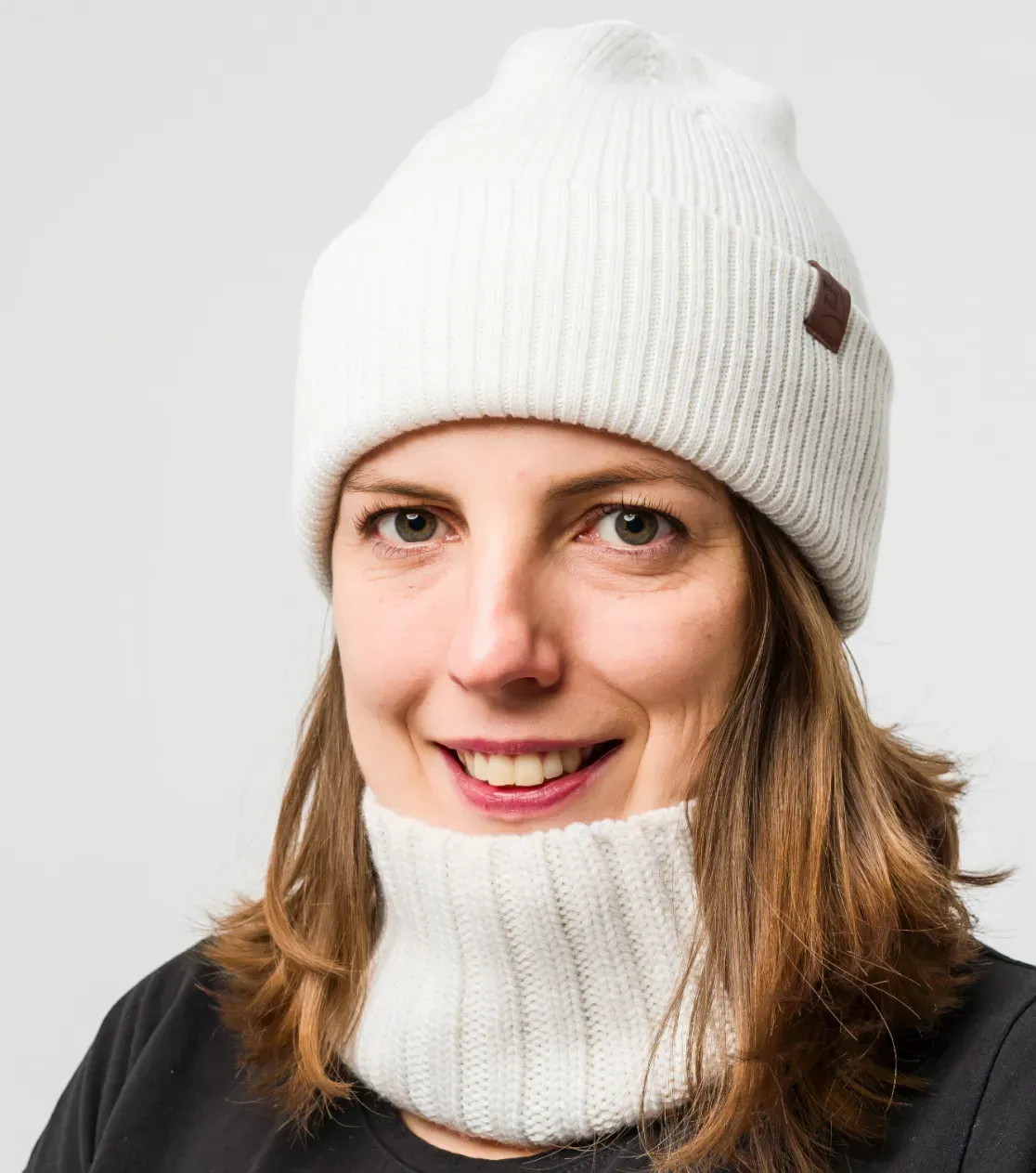 Dicke Wintermütze aus Merinowolle, umgeschlagen, lang, Basic 3in1, Polnische Produktion, Berryboat, Ecru