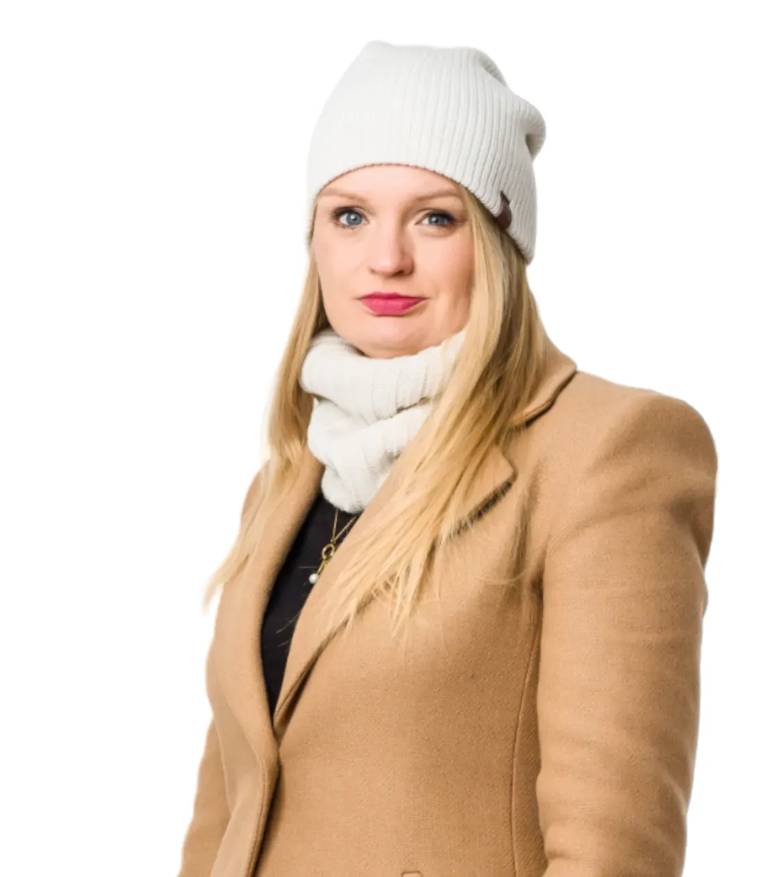 Dicke Wintermütze aus Merinowolle, umgeschlagen, lang, Basic 3in1, Polnische Produktion, Berryboat, Ecru