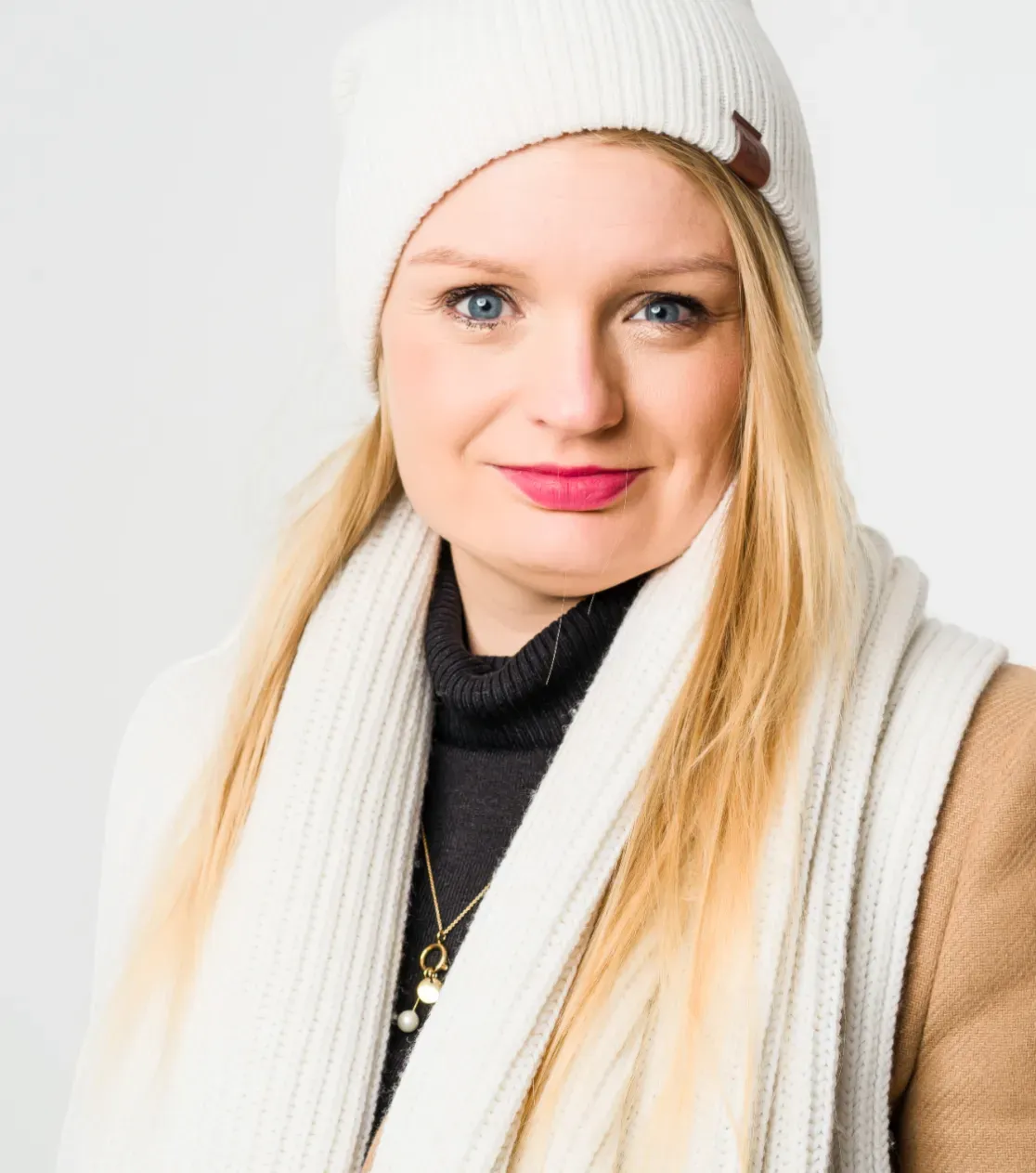 Dicke Wintermütze aus Merinowolle, umgeschlagen, lang, Basic 3in1, Polnische Produktion, Berryboat, Ecru