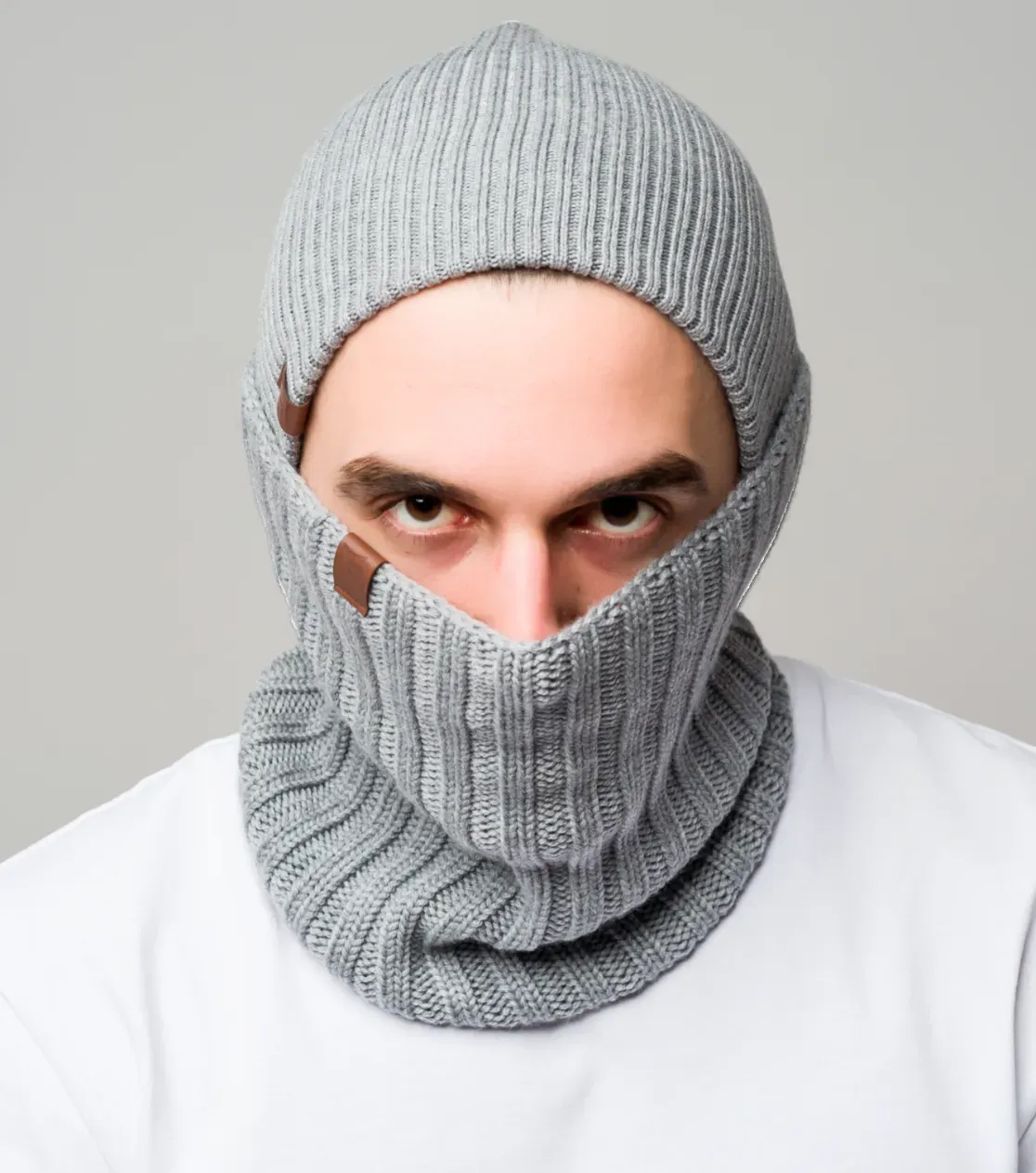Dicke Wintermütze aus Merinowolle, umgeschlagen, lang, Basic 3in1, Polnische Produktion, Berryboat, Grau