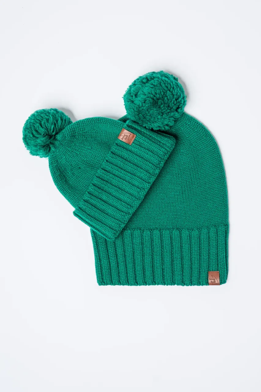 Gorro grueso de invierno de lana merino con doblez y pompón 2 en 1 verde botella producción polaca