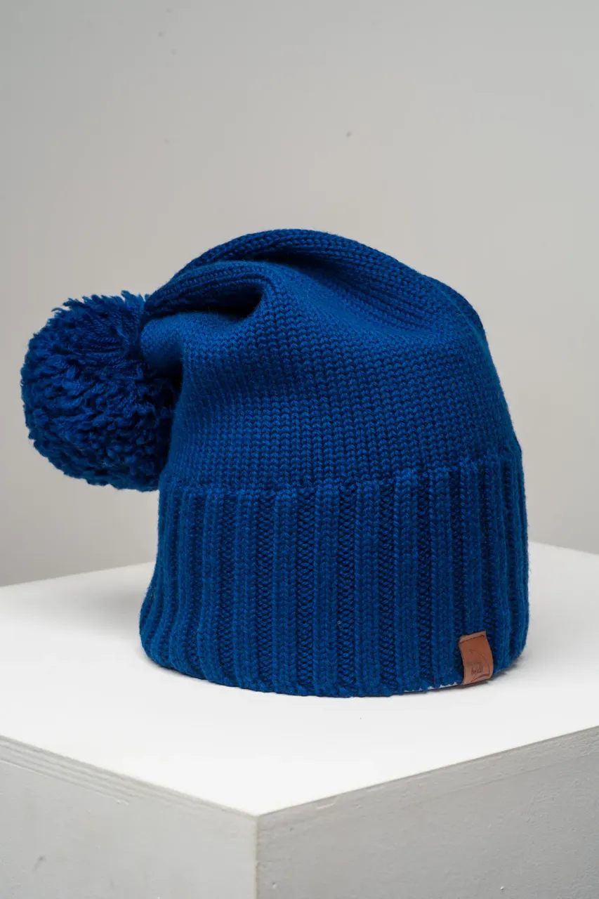 Berretto invernale spesso in lana merino con risvolto e pompon 2in1 blu scuro produzione polacca