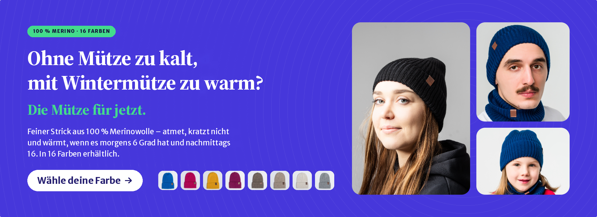 Übergangsmütze aus Merinowolle — 16 Farben, gestrickt in Polen. Wähle deine Farbe