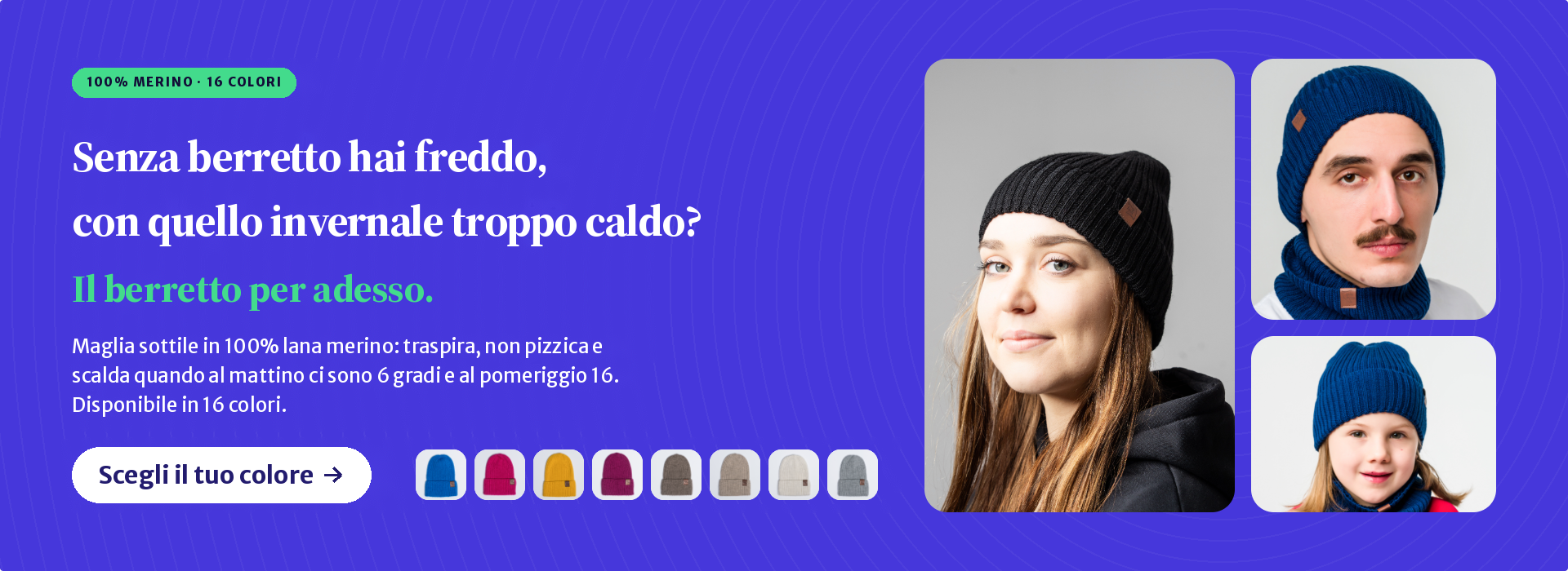 Berretto mezza stagione in lana merino — 16 colori, fatto a maglia in Polonia. Scegli il tuo colore