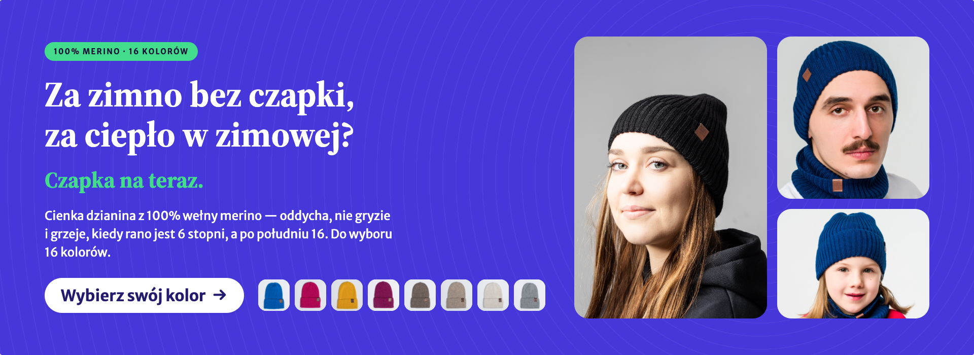 Czapka przejściowa z merino — 16 kolorów, dziane w Polsce. Wybierz swój kolor
