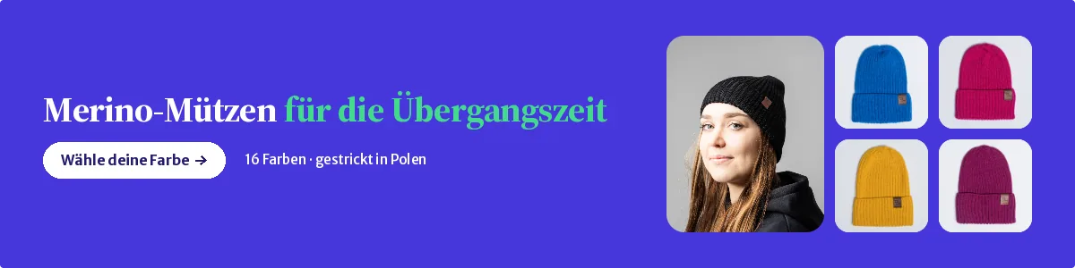 Übergangsmütze aus Merinowolle — 16 Farben, gestrickt in Polen. Wähle deine Farbe